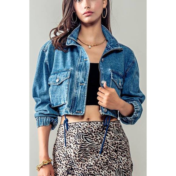 Urban Daizy Utility Cropped Drawstring Hem Stand Collar Denim Jacket - Picture 7 of 16